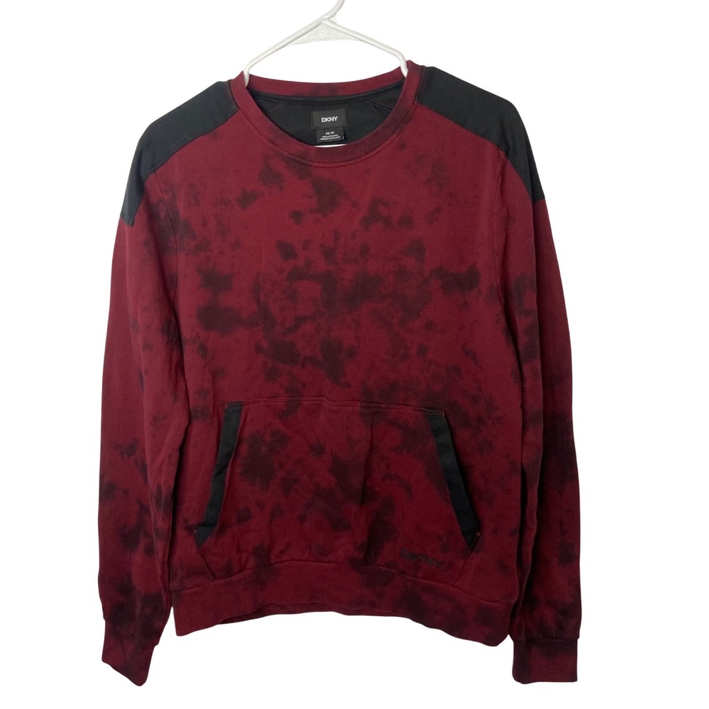 DKNY Tie Dye Crewneck Sweatshirt Black Red Pocket Casual Pullover Top XS TP